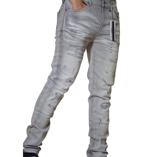 Men's Stretch SKINNY Denim DS-104 GREY RIPPED