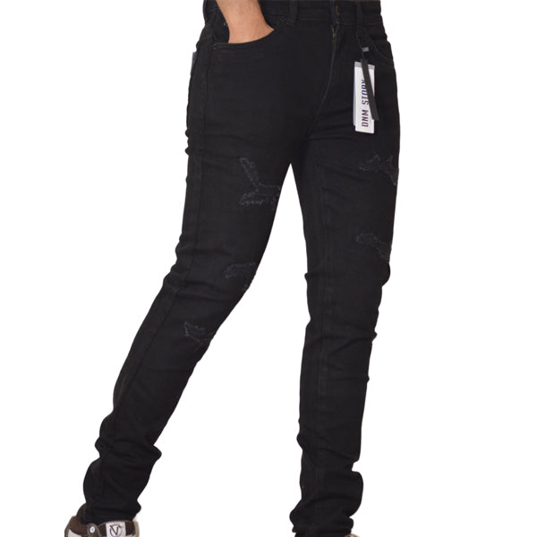 Men's Stretch SKINNY Denim DS-110 BLACK RIPPED