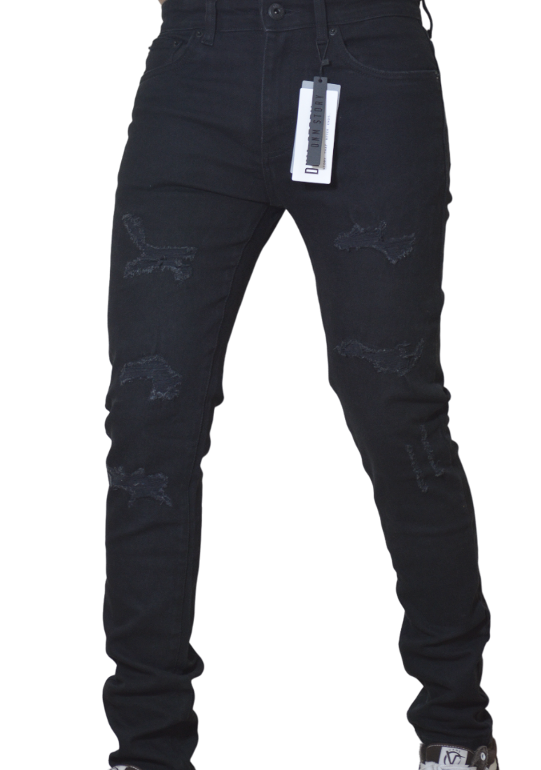 Men's Stretch SKINNY Denim DS-110 BLACK RIPPED