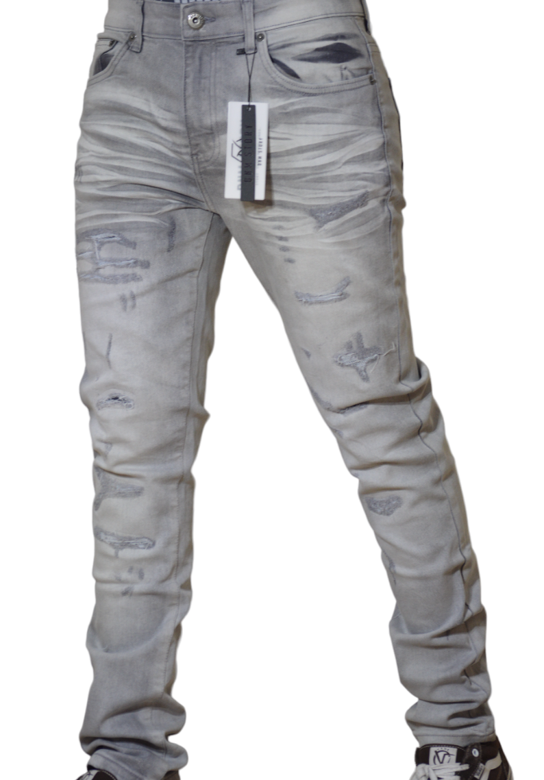 Men's Stretch SKINNY Denim DS-104 GREY RIPPED